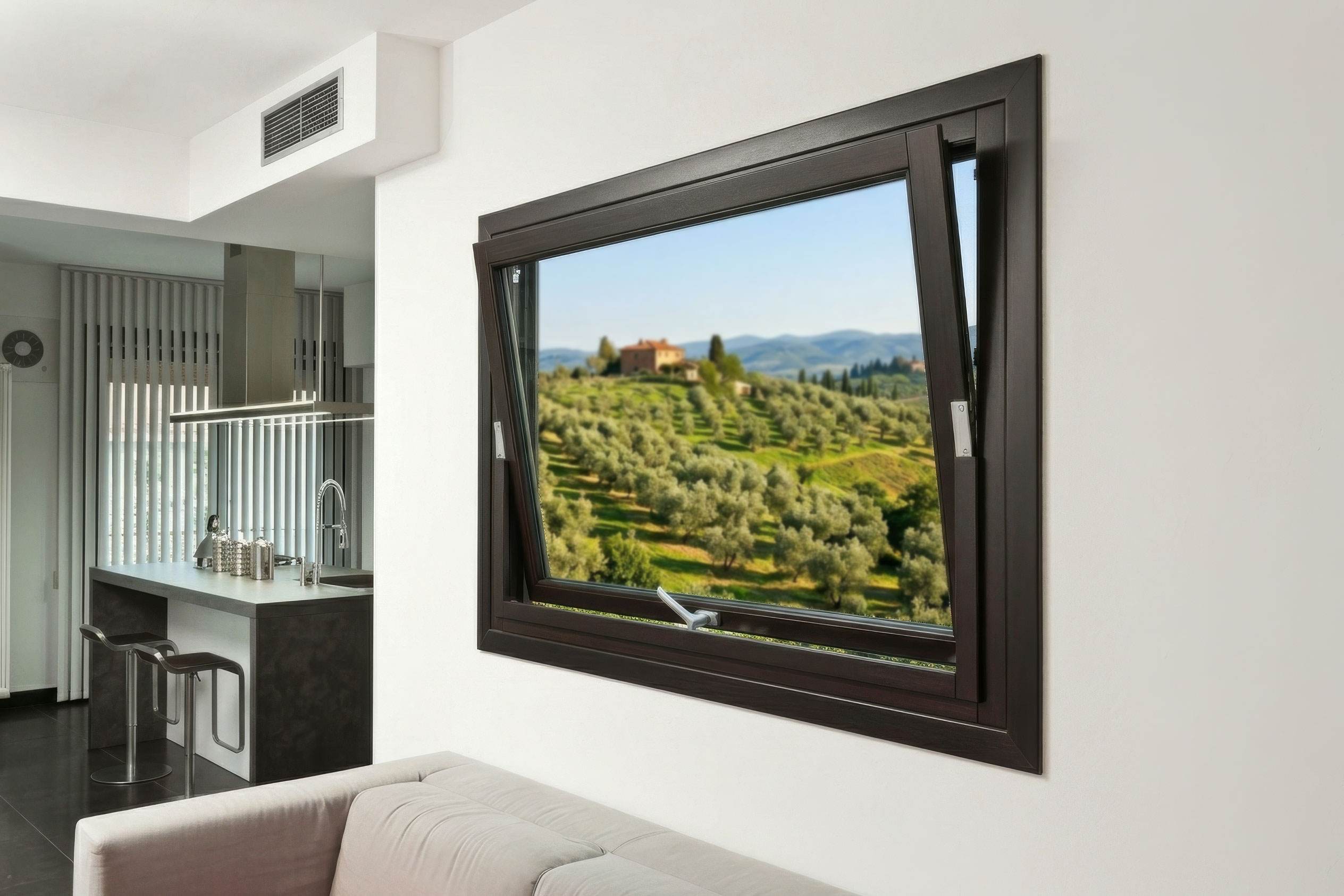 Finestra a vasistas in legno scuro con vista sulla campagna toscana — Finestre